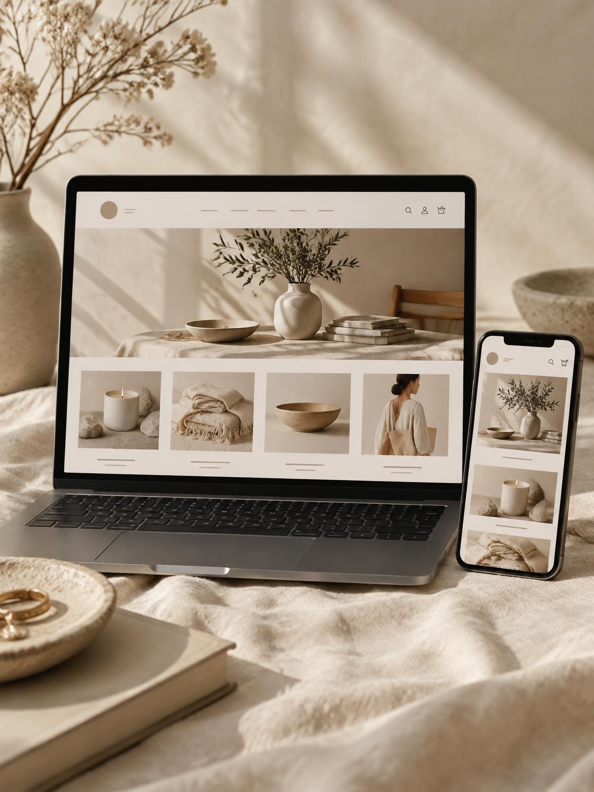 Tienda online de decoración mostrada en portátil y móvil